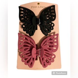 NWT• Pink Linen Large Butterfly hair clips 2pk